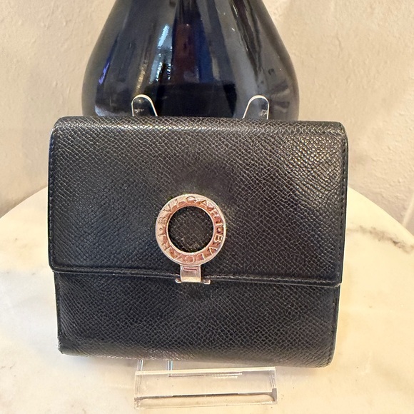 BVLGARI Handbags - Bvlgari Black Leather Wallet with Silver Logo and blue interior. Coin residue